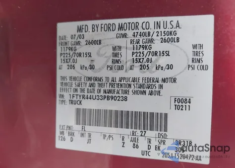 2003 Ford Ranger Edge/Tremor/Xlt z USA, uszkodzony, nr VIN 1FTYR44U33PB90238